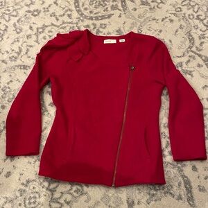 Anthropologie Red wool Asymmetrical Zipper Cardigan w/ 3d flower art on shoulder